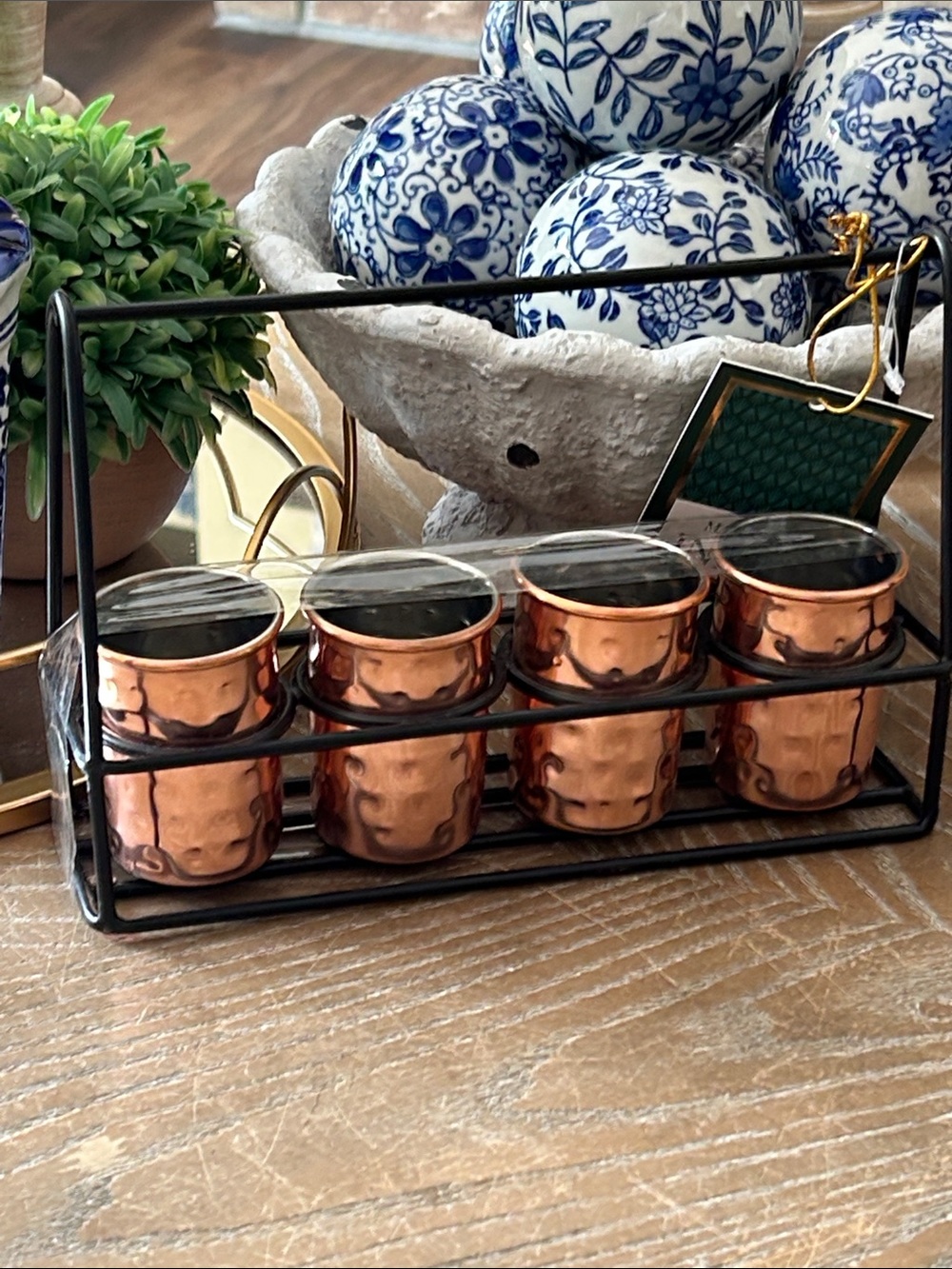NWT! 5 Piece Bar Set Copper Shot Glass Set with Black Metal Rack